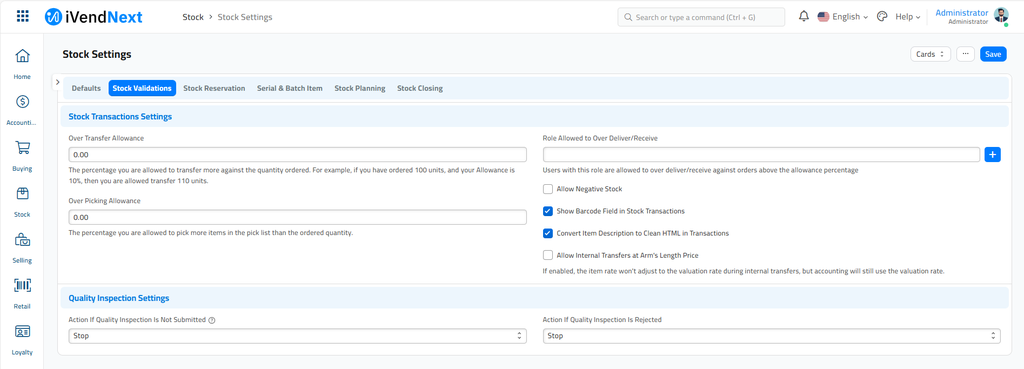 Stock Settings - Stock Validations