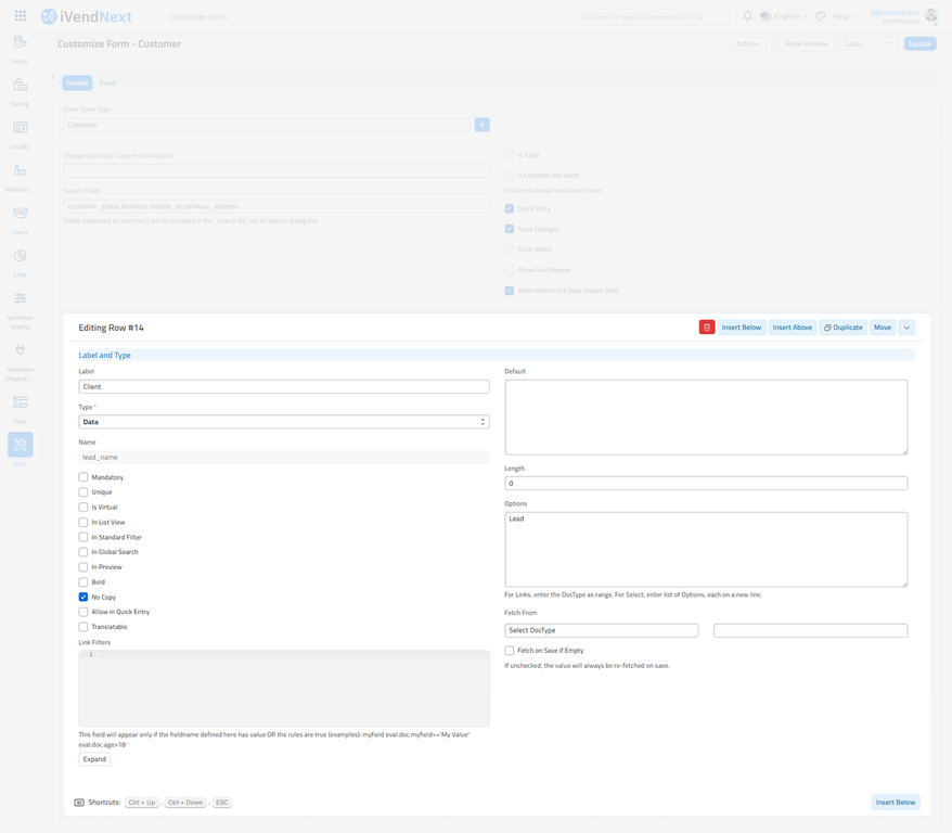Customize Form - Customer - Extended - Fields - Data
