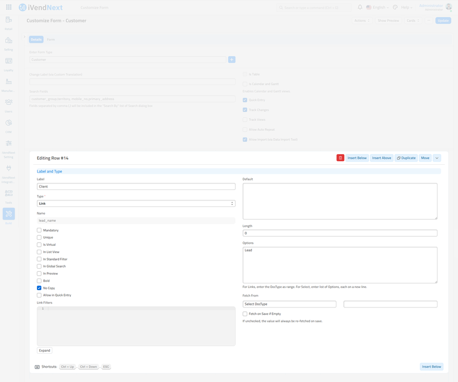 Customize Form - Customer - Extended - Fields - Link