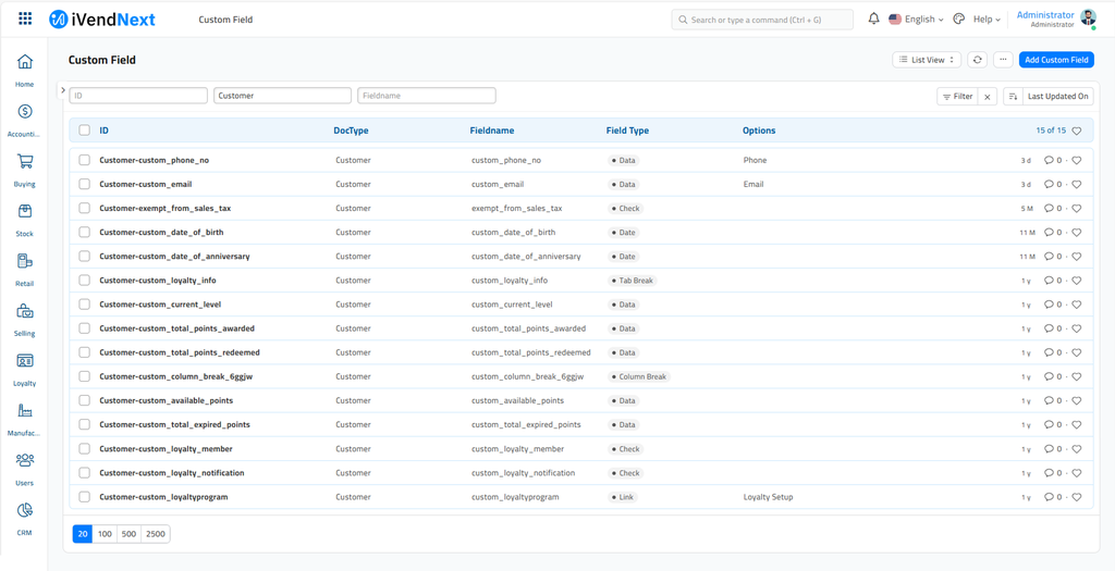 Custom Field List View Screen