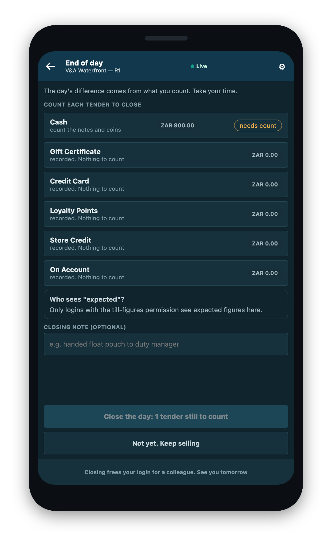 The end-of-day count list on a drawered till, one line per payment type still to count.