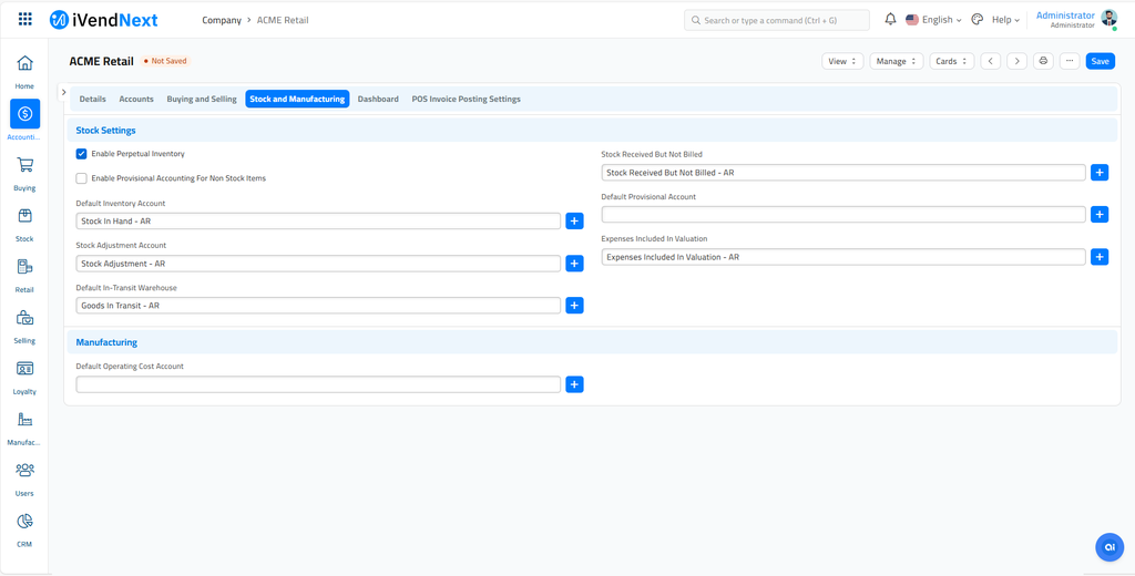 Company - Stock and Manufacturing