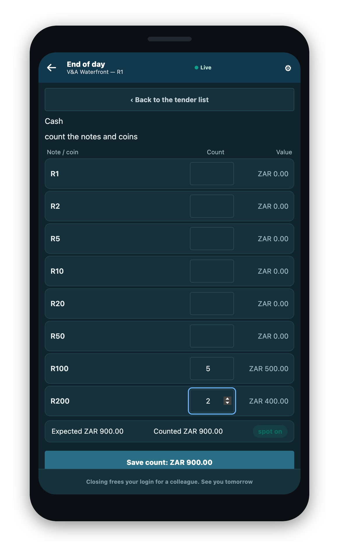 A tender count sheet with a clean count and no difference.