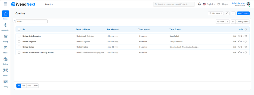 Country List View Screen