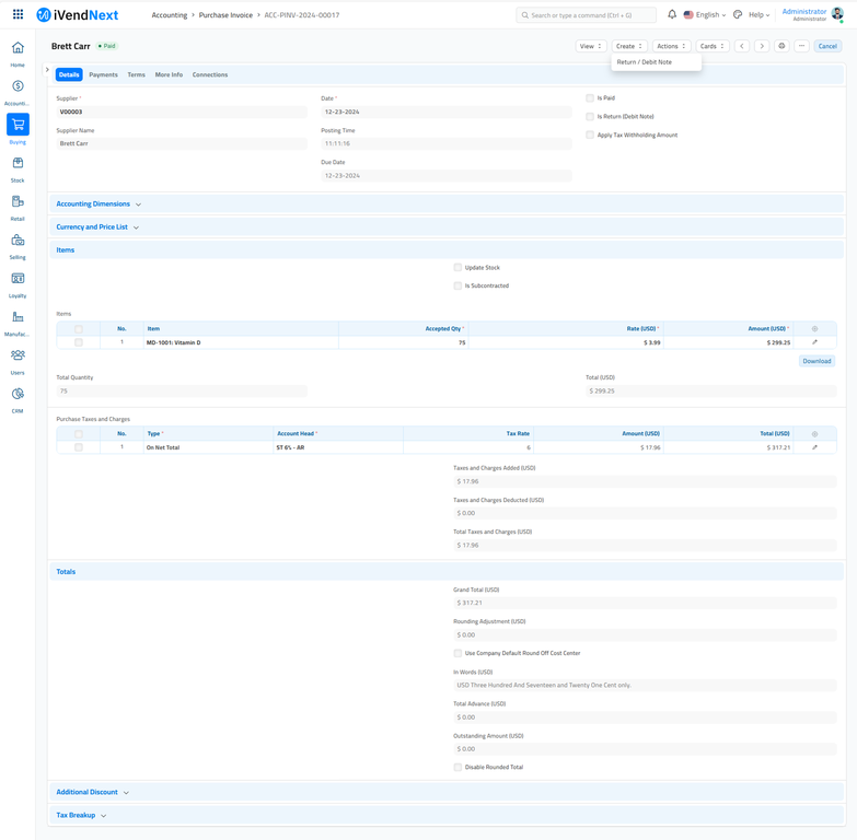 Create Debit Note