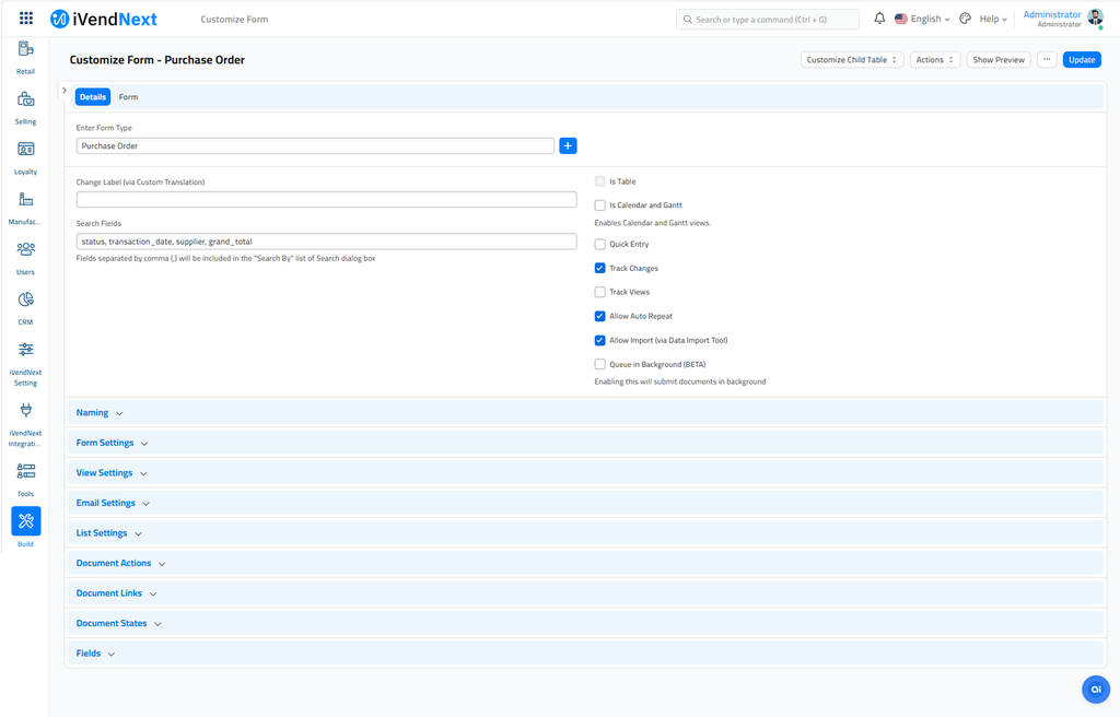 Customize Form - Purchase Order - Track Changes