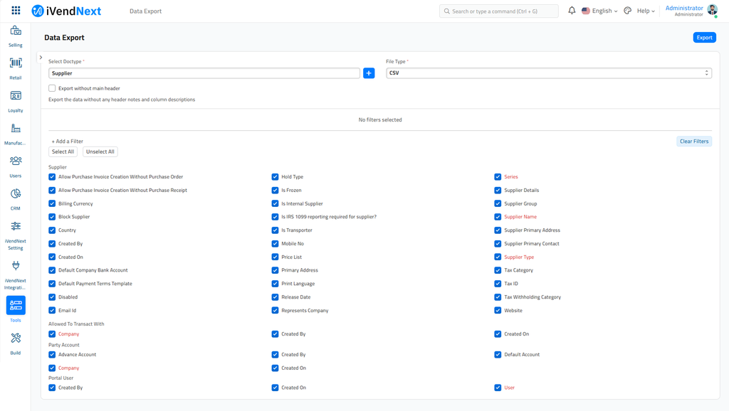 Data Export - Supplier