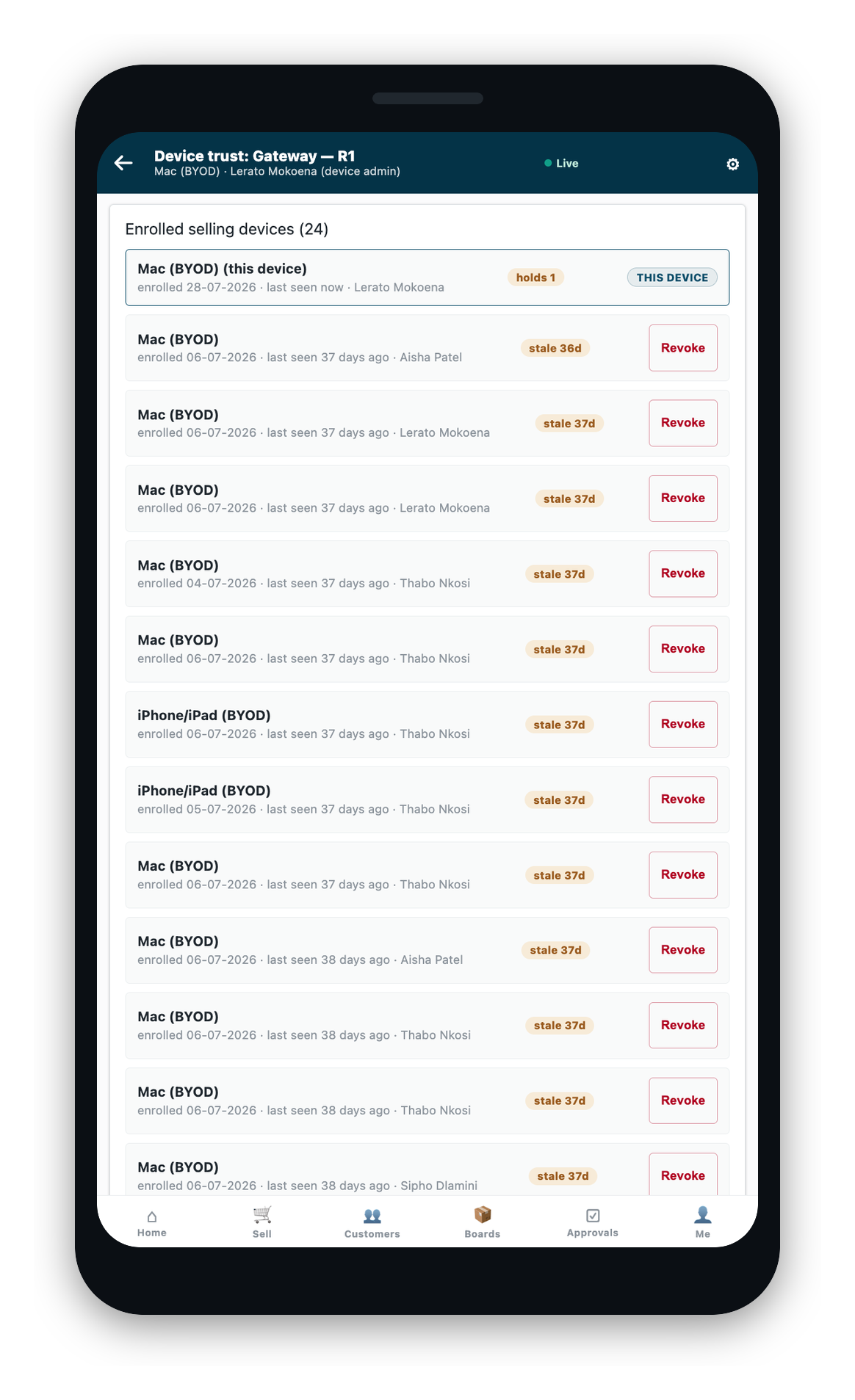 The enrolled-device list as someone who has device administration. It is headed 
