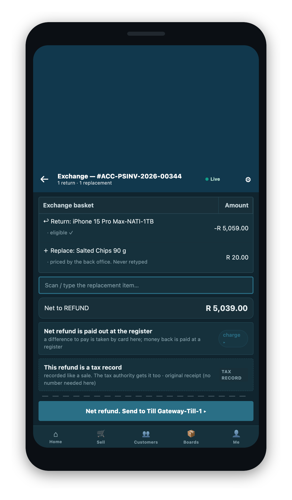 The net-refund exchange screen: the returning line and the cheaper replacement listed, the computed net-to-refund figure, and the only forward action naming the register the return will go to.