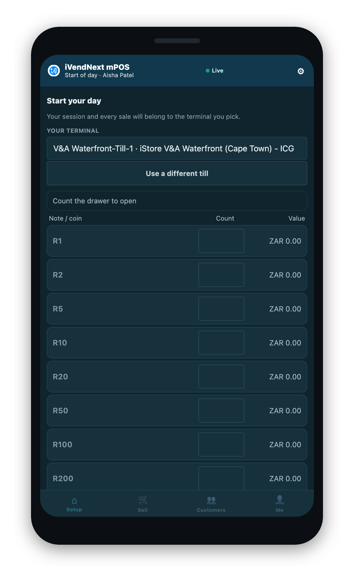 The start-of-day float count on a drawered till. One row per note and coin value, with the counts typed in and the float total derived by the store's system.