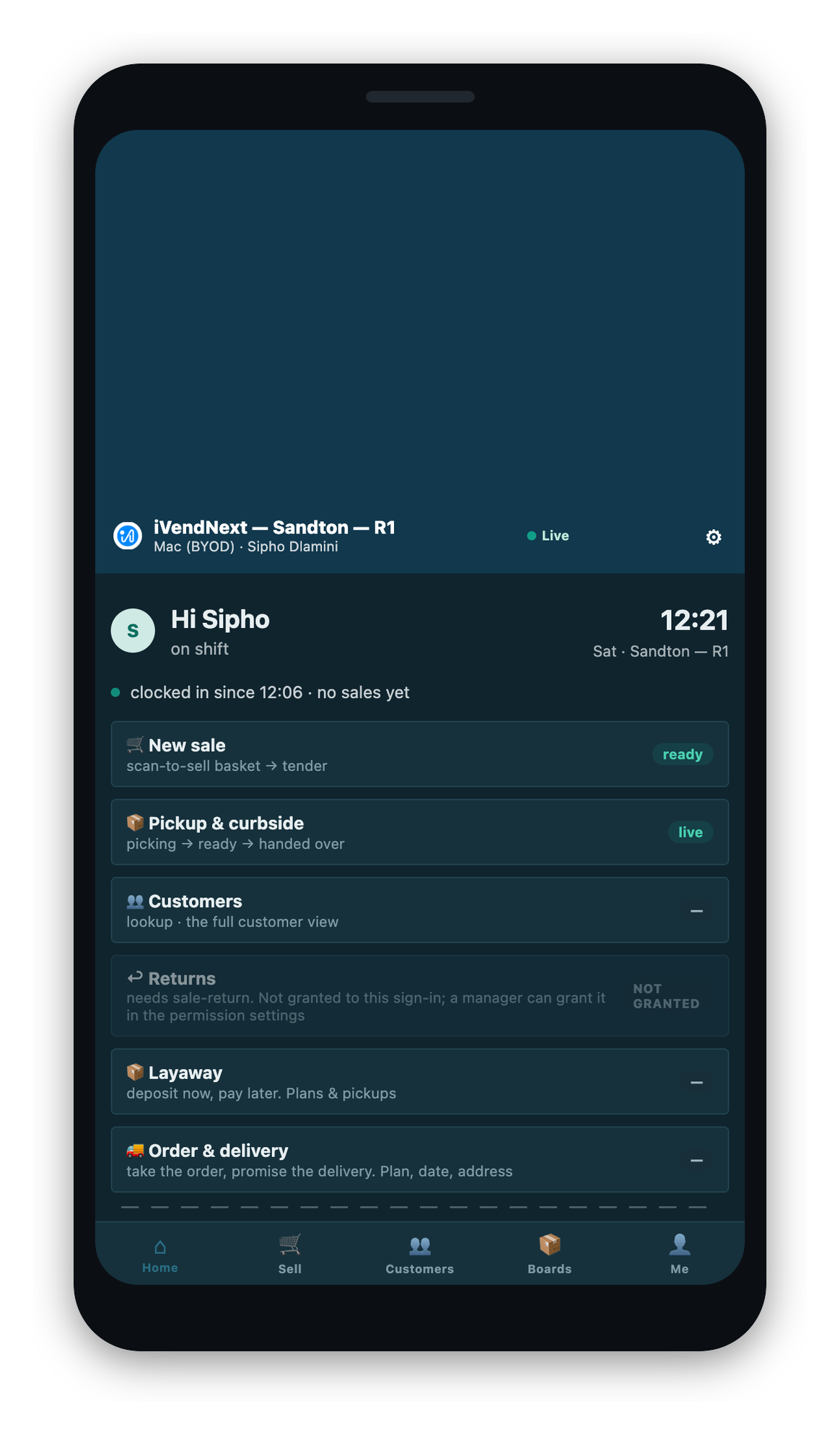 A home screen where one tile is withheld. The Returns tile is grayed and marked 