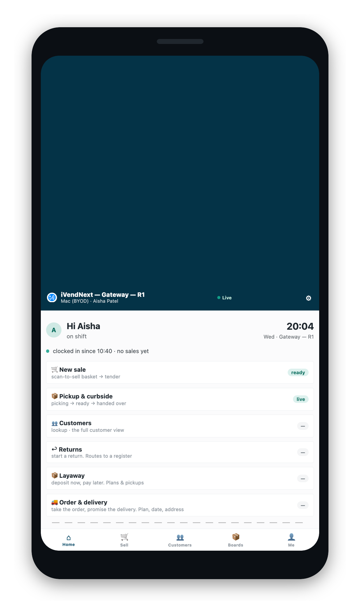 The home screen as an associate. A greeting line reads 