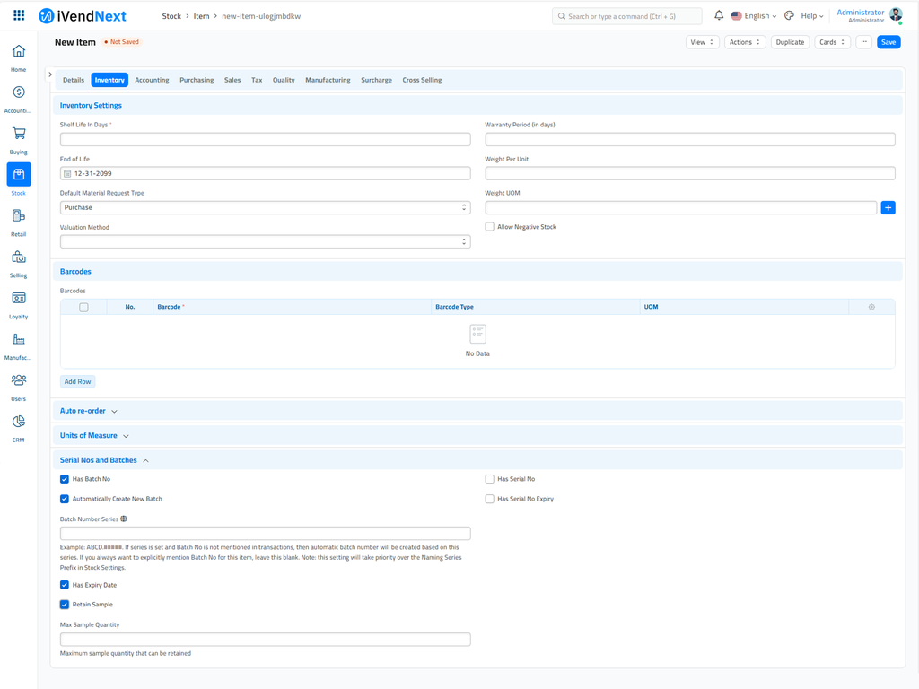 New Item Creation Screen - Inventory - Has Batch - Retail Sample