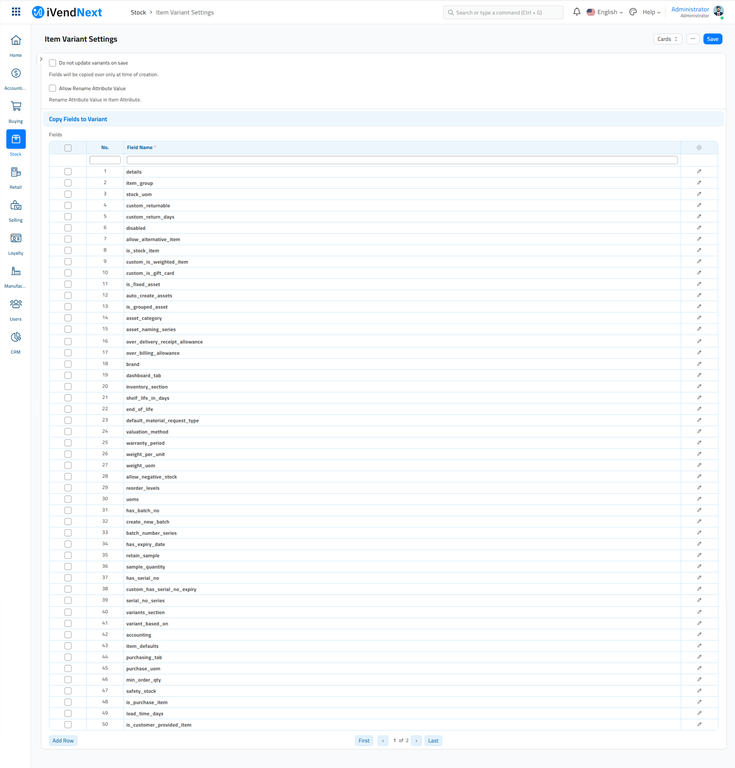 Item Variant Settings