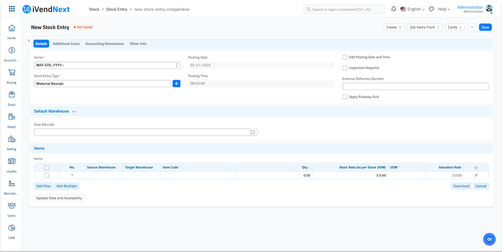 New Stock Entry - Material Receipt - Details