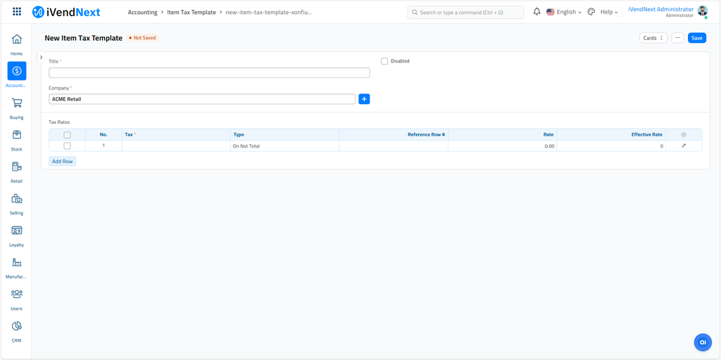 New Item Tax Template
