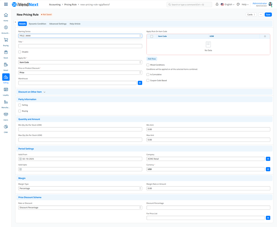 New Pricing Rule - Details Screen