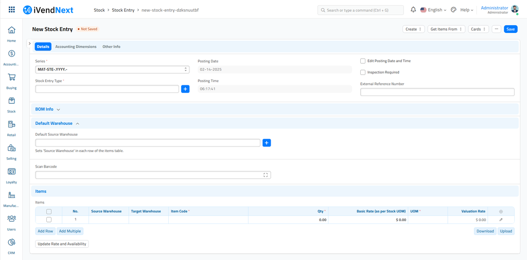 New Stock Entry - Type Selected - Blank