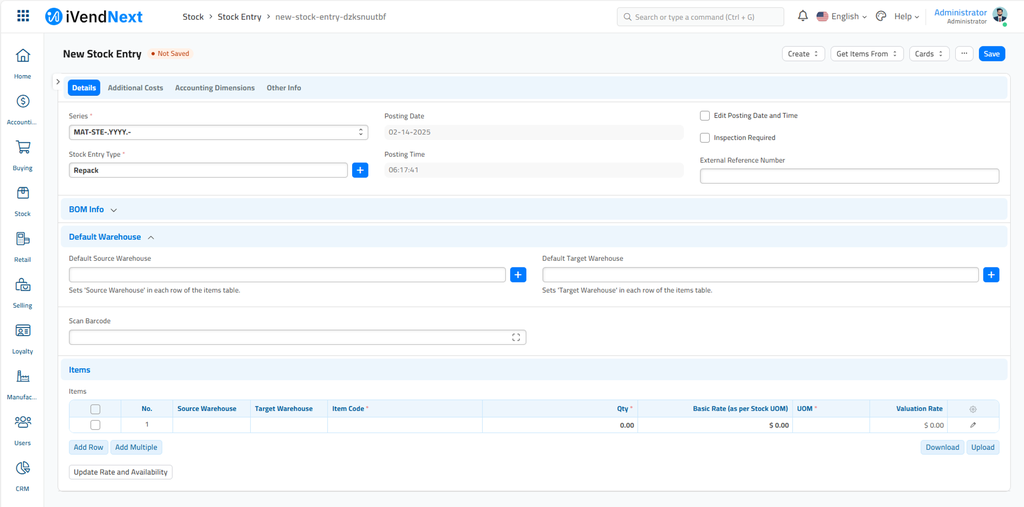 New Stock Entry - Type Selected - Repack