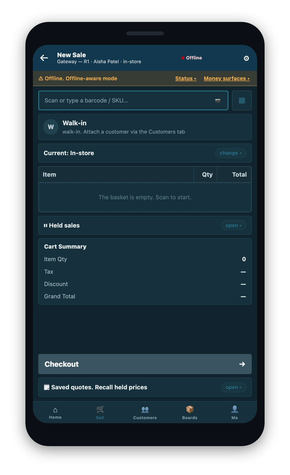 The New Sale screen just after the connection dropped. The header shows Offline and a ribbon along the bottom reads offline mode. Selling continues.