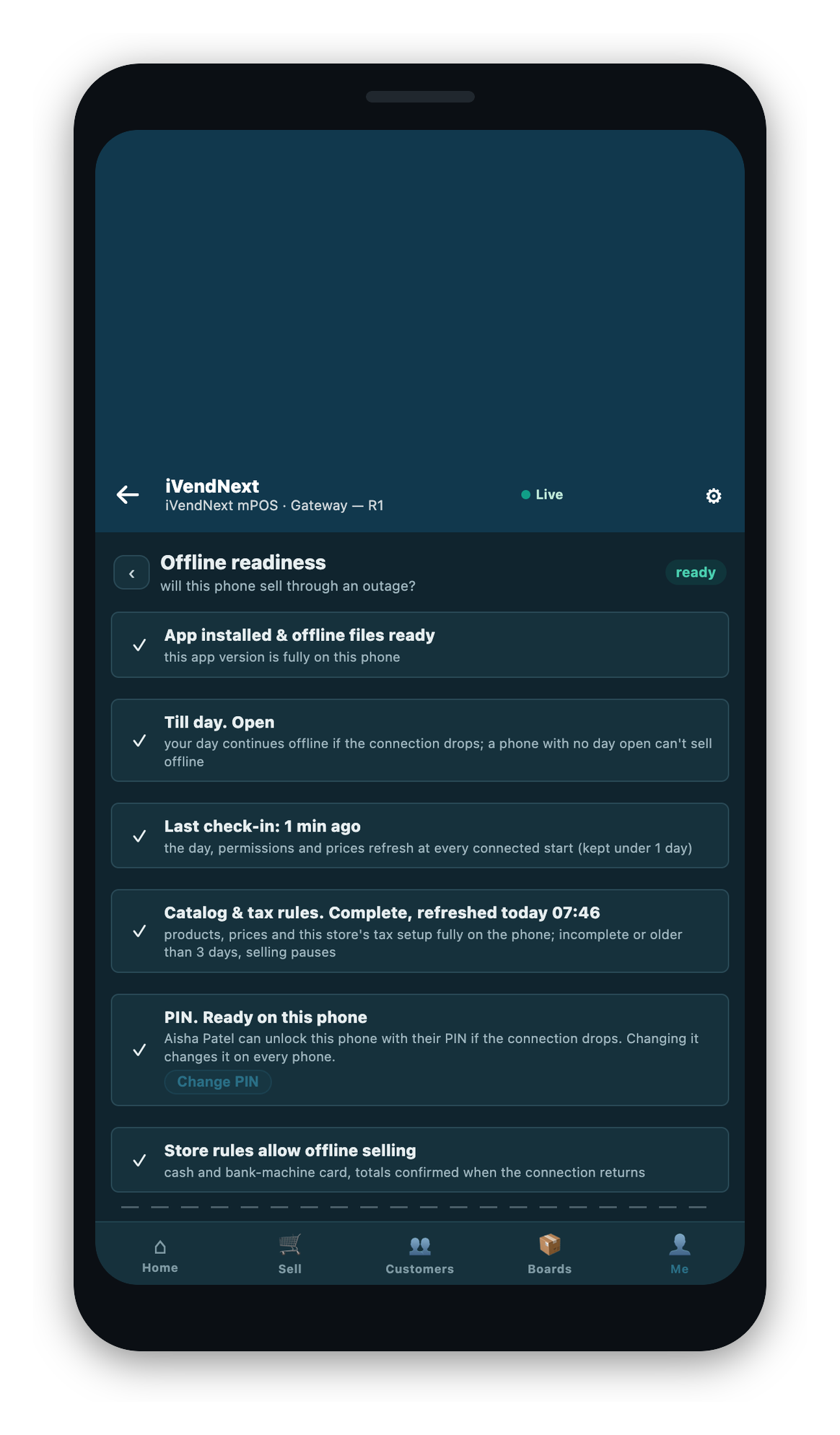 The offline readiness panel while the phone is online and ready. It lists the arming steps, the phone's storage health, and the PIN step for unlocking the till without a network.