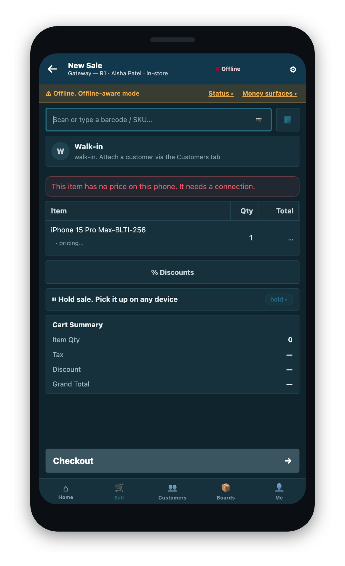 The offline refusal shown when an item has no price on the phone: the app names the reason rather than guessing a price.
