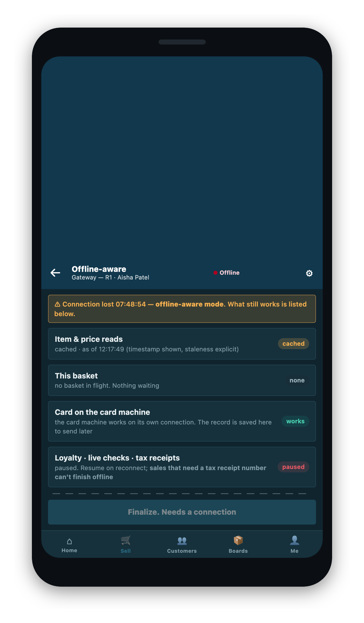 The offline status screen, listing what still works while the phone is offline.