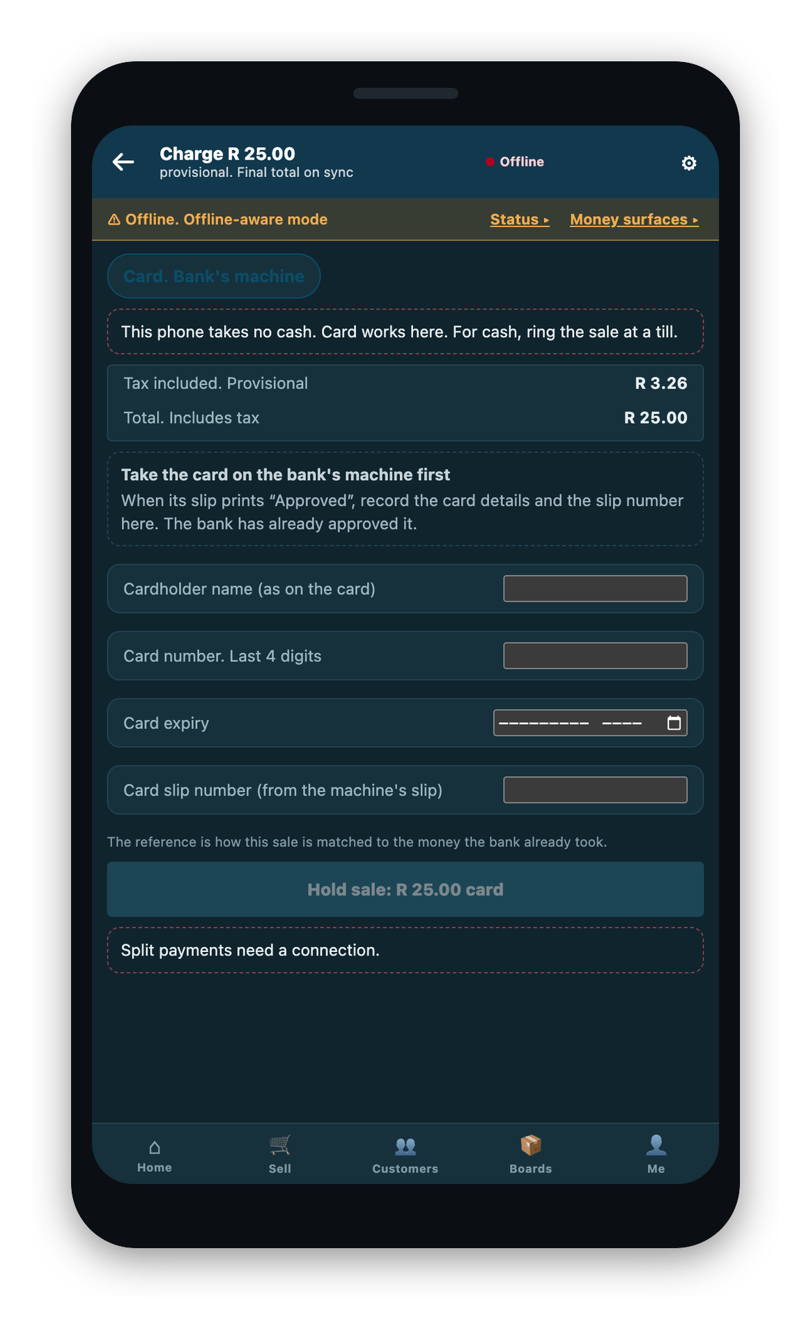 The offline tender screen on a drawerless day: card is offered and cash is not, with the message that cash is taken at a till.