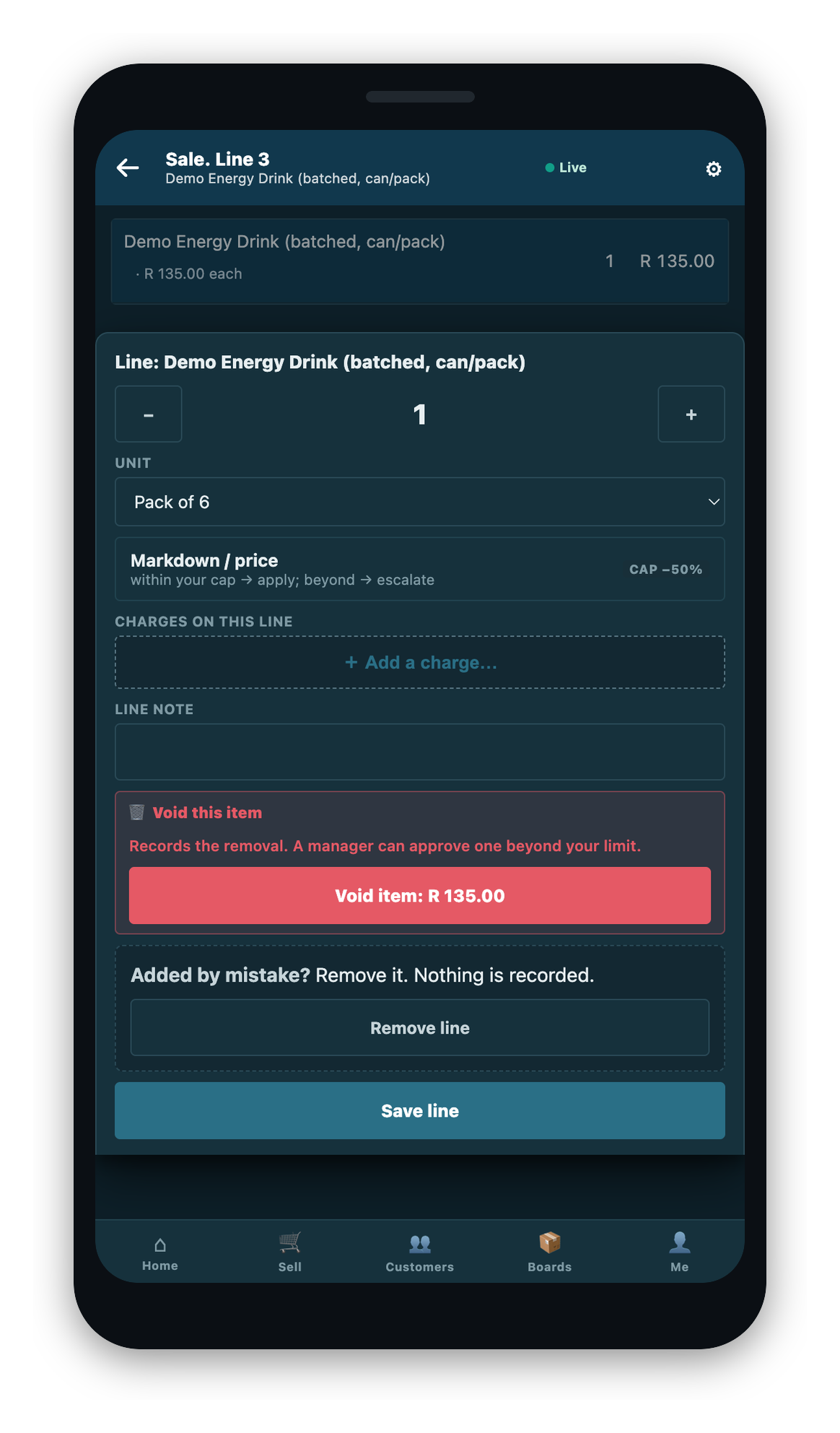 A basket line for an item scanned in a pack unit. The line editor shows quantity, unit, note, and remove, but no 