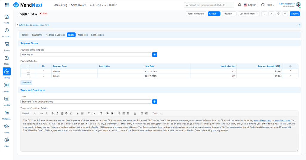 Payment Terms Template - Sales Invoice