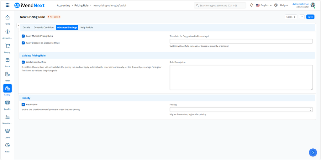 New Pricing Rule - Advanced Screen