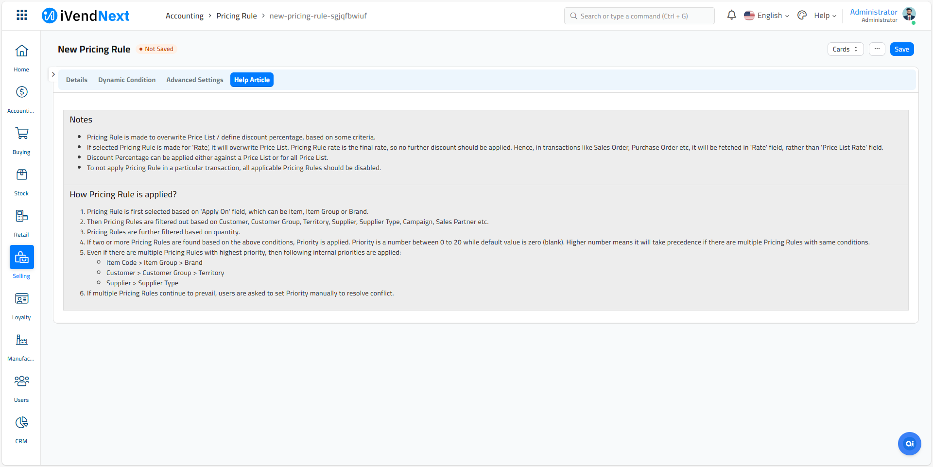 New Pricing Rule - Help Article Screen