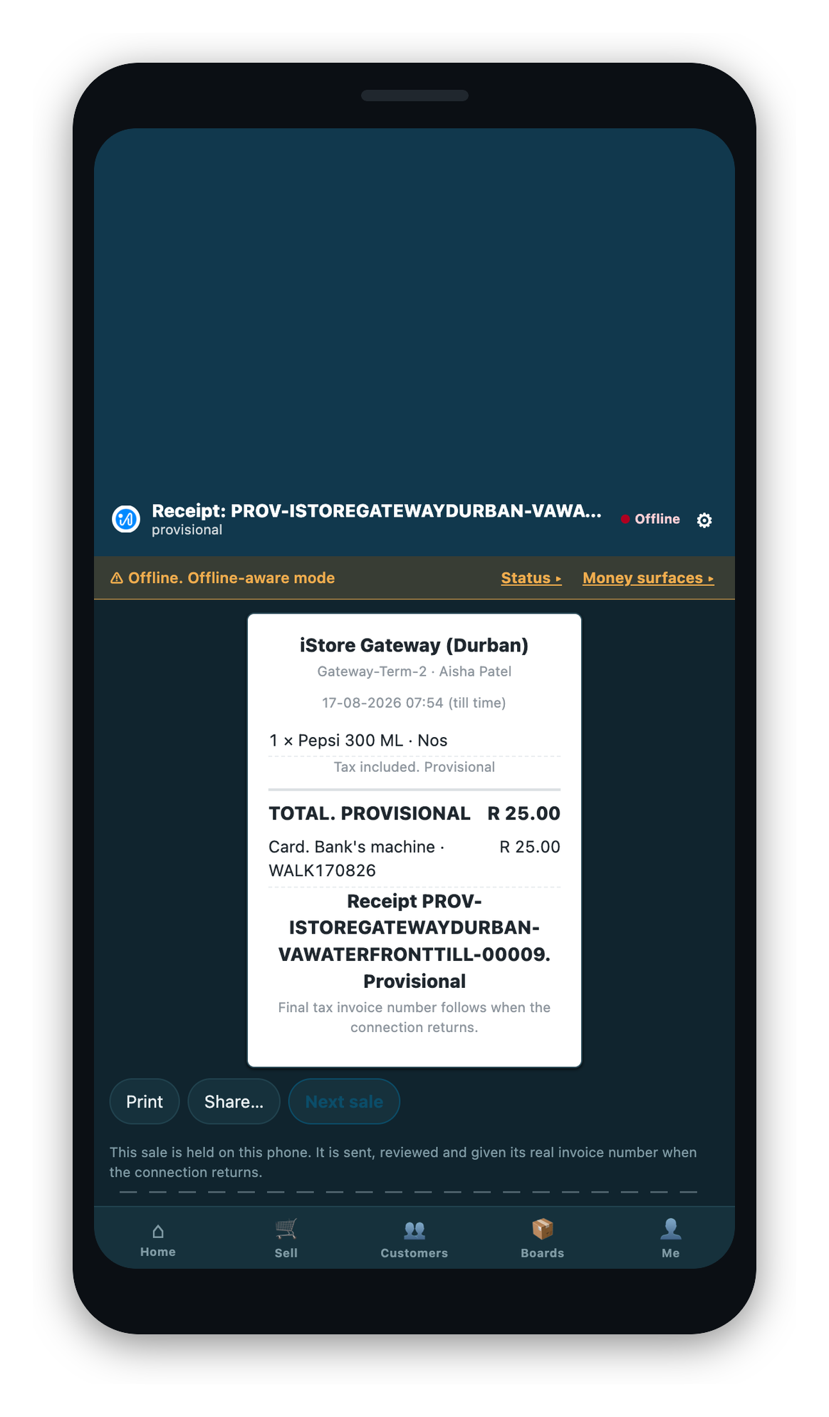 A provisional receipt: the store, the till line, the sale line, a total marked provisional, and the card slip reference.