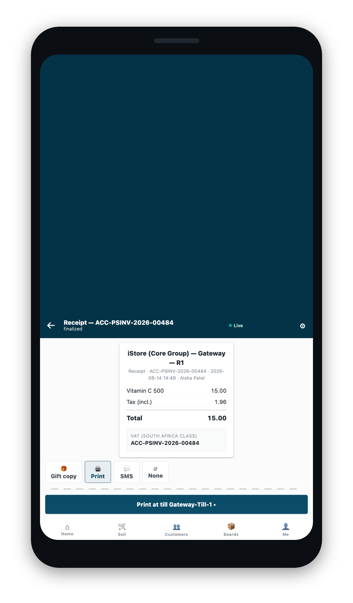 The receipt screen on a register whose email channel is off: four choices, with email absent.