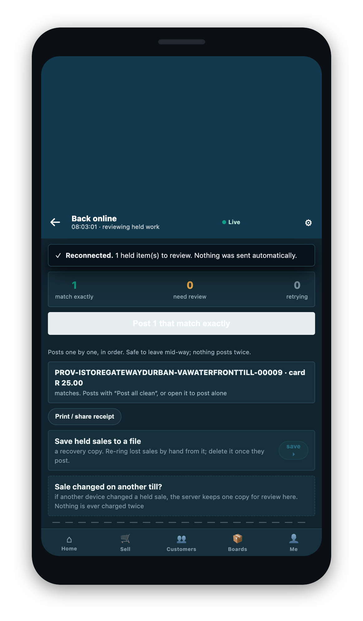 The reconnected review screen: one sale matches exactly, with the control to post it.