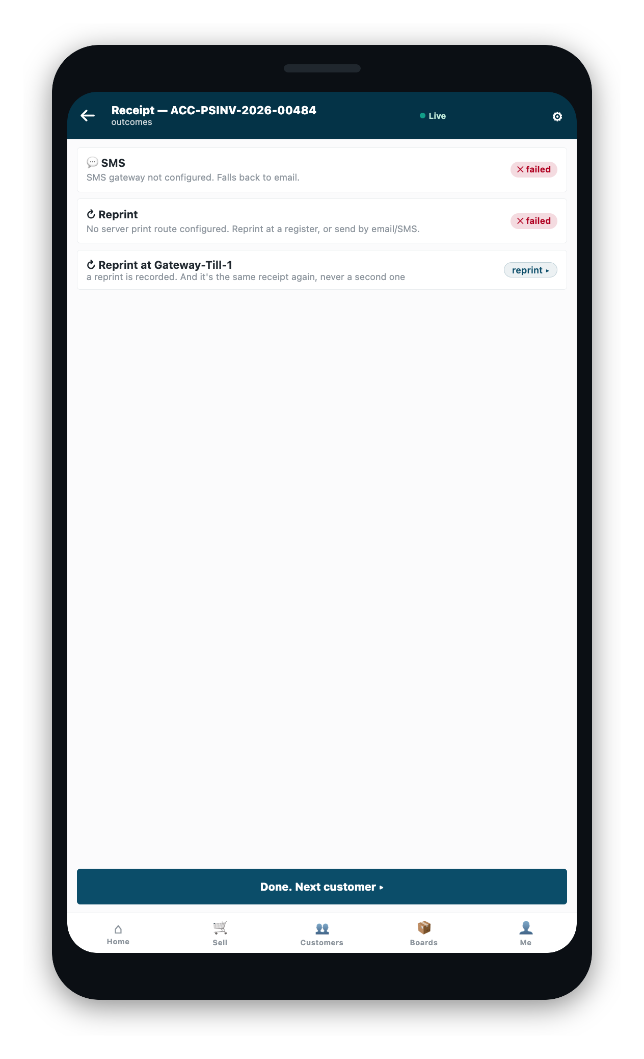 A reprint refused: the screen names the cause and what to fix.