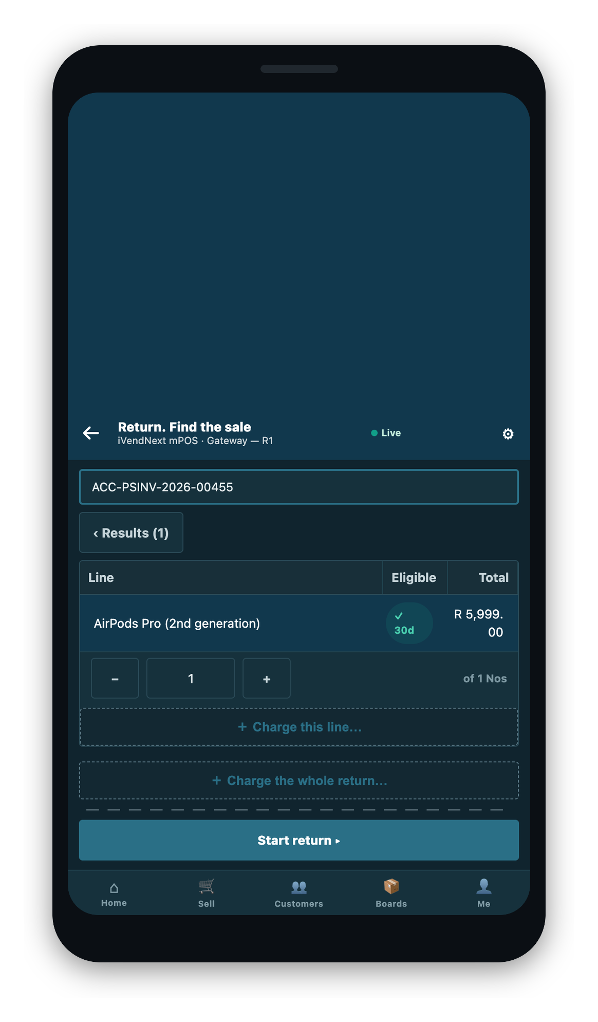 A found sale shown read-only, each line carrying its own eligibility verdict, with the quantity stepper and the two charge controls that appear once a line is selected.