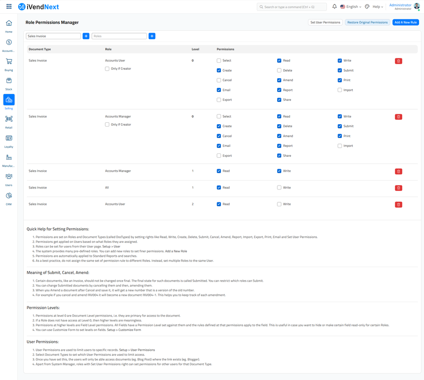 Role Permissions Manager - Sales Invoice