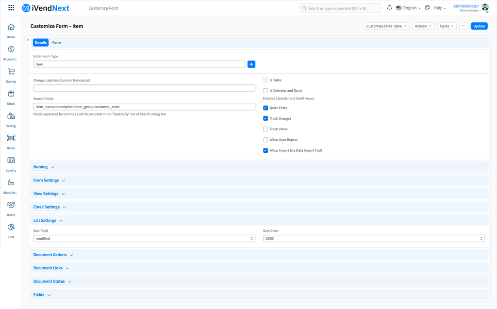 Customize Form - Sort Field - Item
