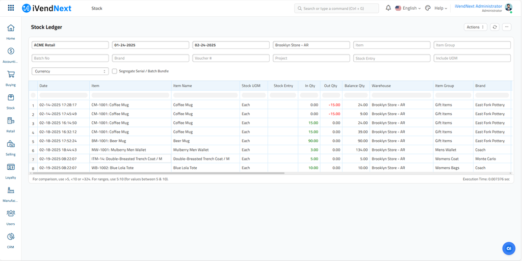 Stock Ledger - Brooklyn Store