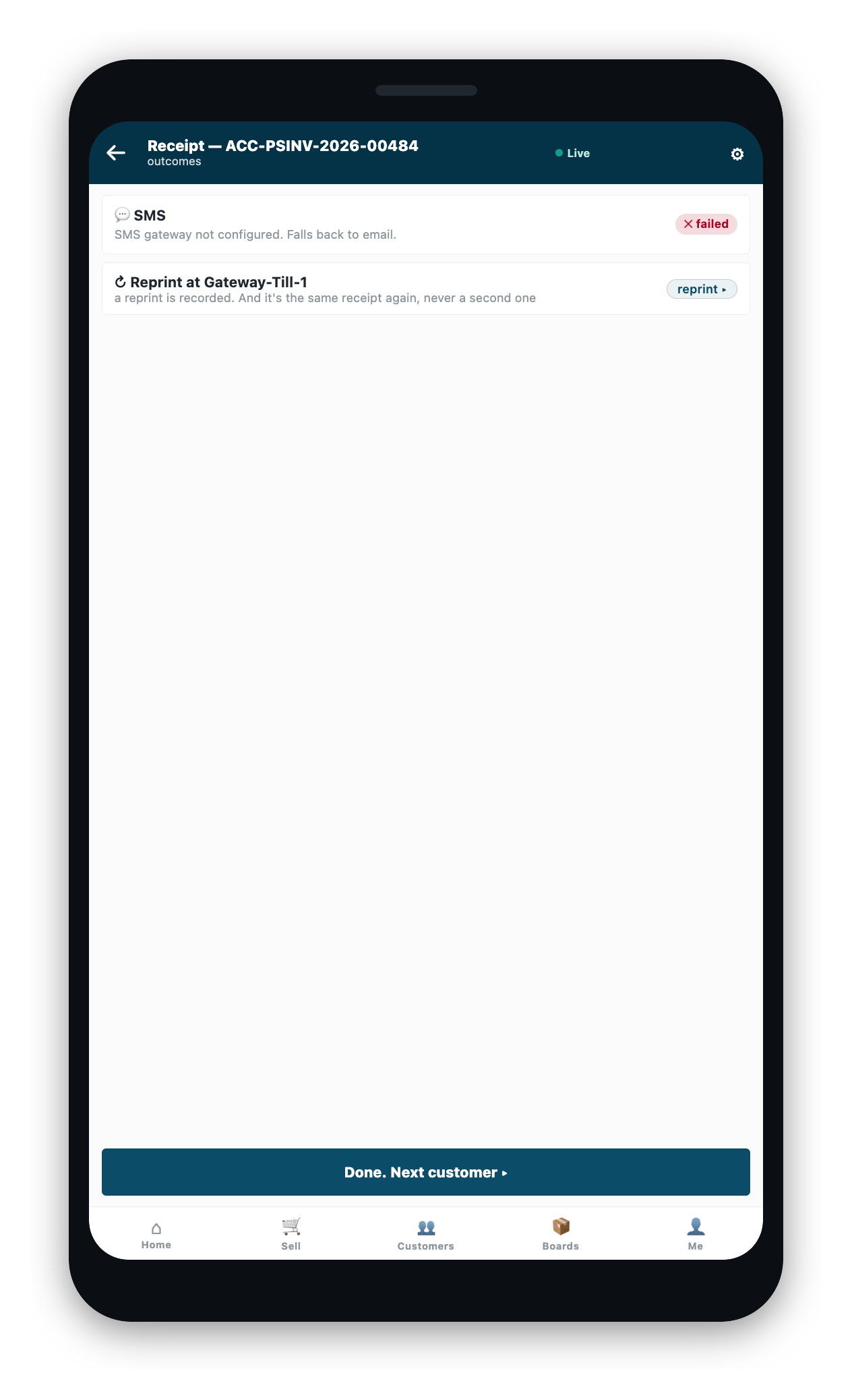 A text-message send refused because the store has no messaging service set up, with email offered instead.