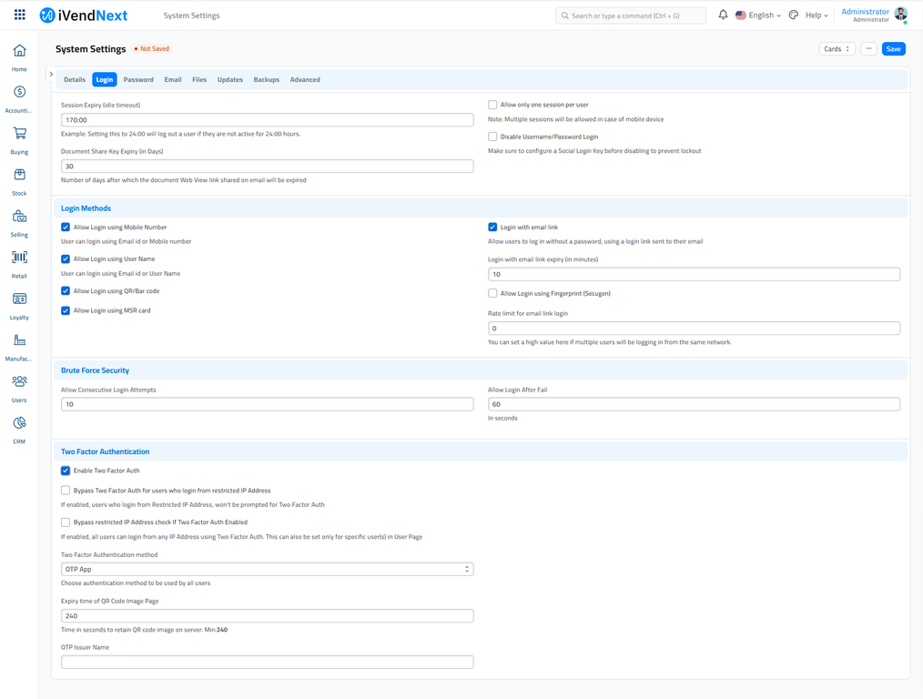Two Factor Authentication - System Settings