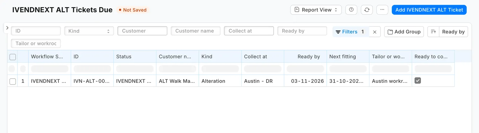 Tickets Due on a demo site: one open ticket, ready to collect