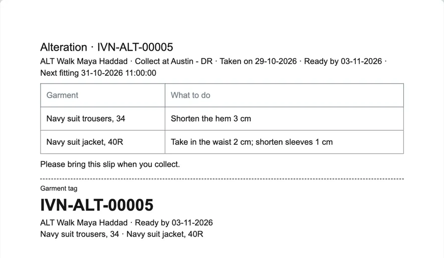 The printed slip, and under the cut line the garment's tag with the ticket number