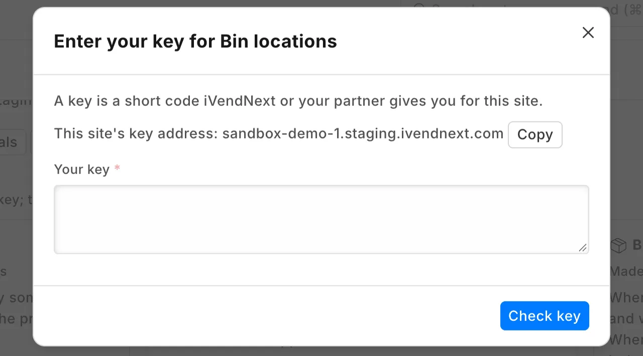 The window Enter your key for Bin locations, with this site's key address, the Your key box and the Check key button