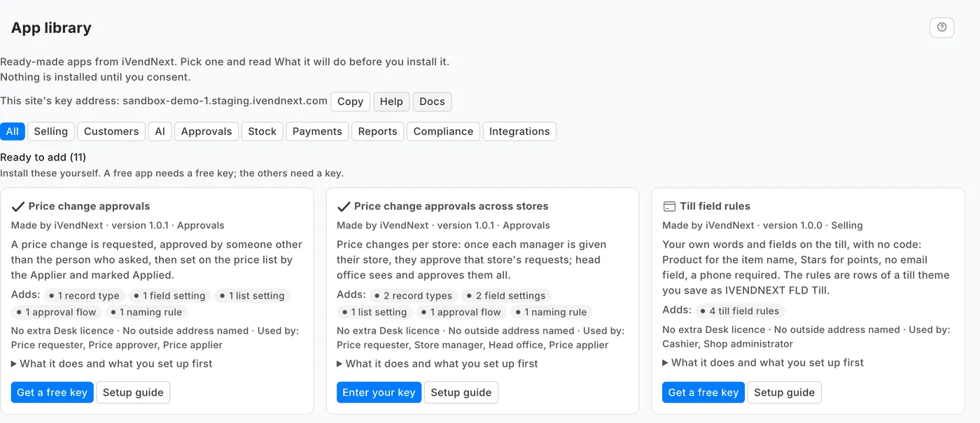 The App library page in Desk: this site's key address with the Copy, Help and Docs buttons, the category buttons and the first apps under Ready to add