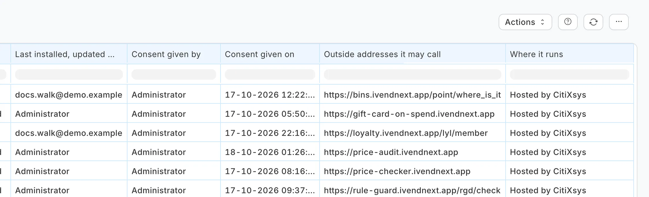 The Connected apps report, right side: the columns Consent given by, Consent given on, Outside addresses it may call and Where it runs
