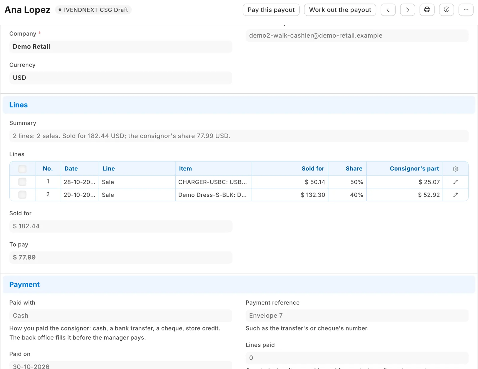 A payout worked out on a demo site: two pieces sold at the tills, each at its share, and how the back office paid