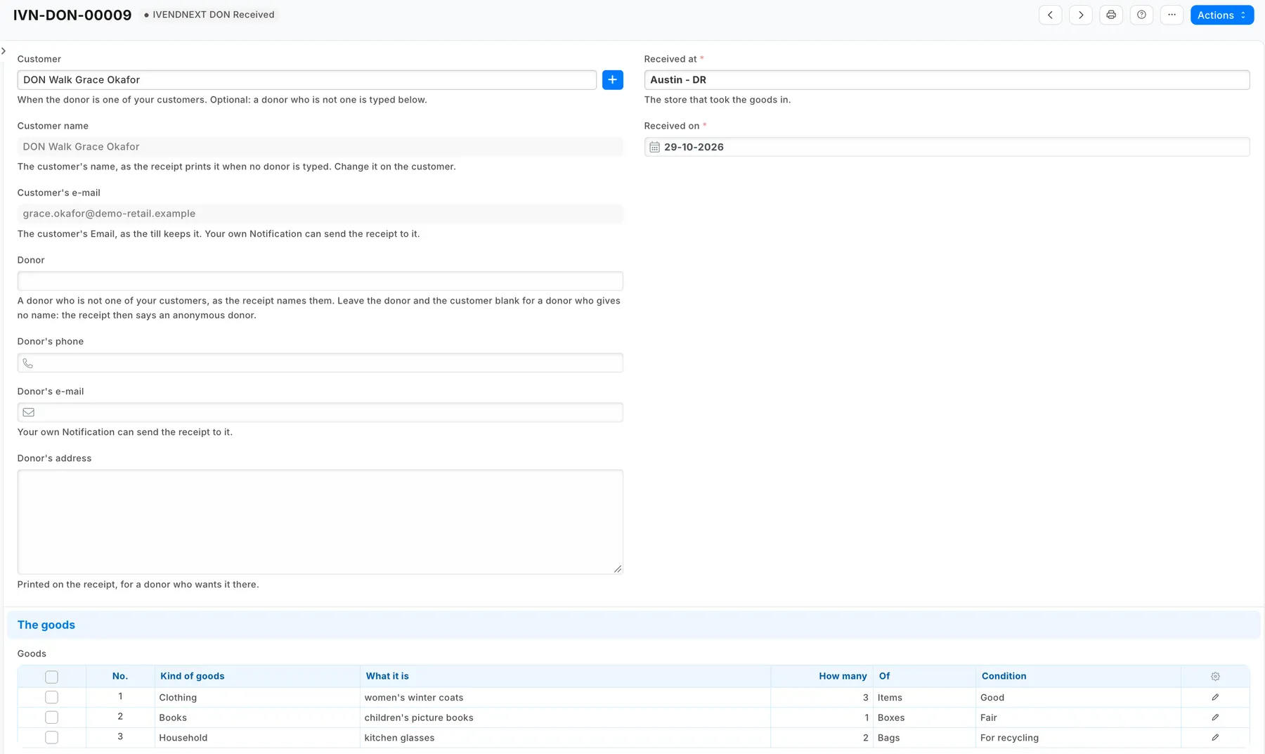 A donation on a demo site: the customer's name and email from the customer record, the store, and three lines of goods