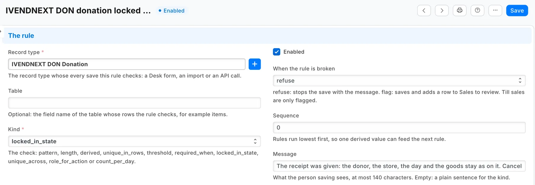 The lock switched on: IVENDNEXT DON donation locked once its receipt is given, Enabled, refuse